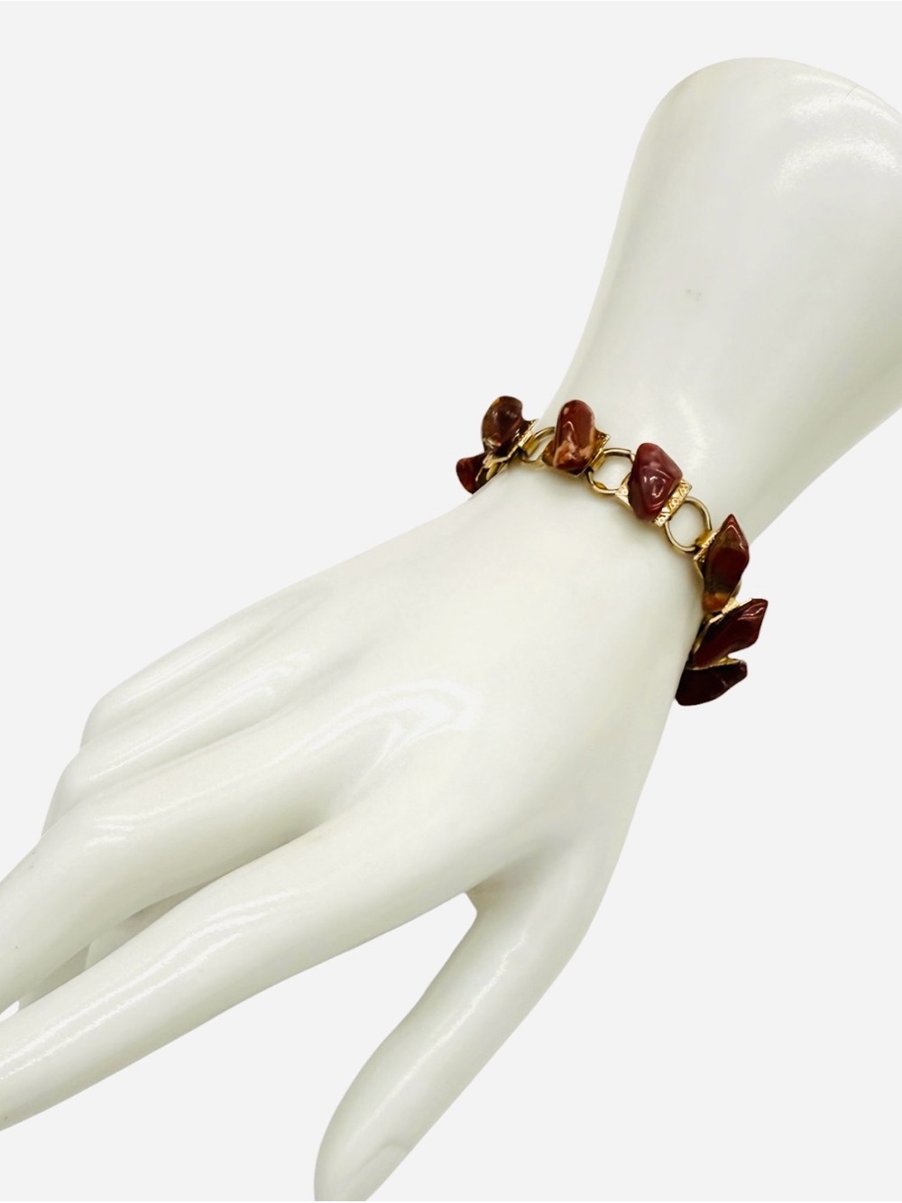 Vintage Carnelian Agate Stone Gold-Tone Textured Link Bracelet